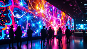 A photograph of a vibrant led display in a dynamic setting
