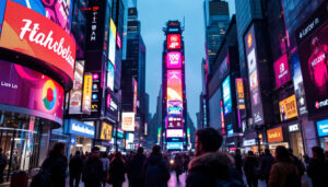 A photograph of capture a photograph of a vibrant led display in a bustling urban environment