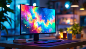 A photograph of a vibrant led monitor displaying a colorful