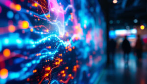 A photograph of a large led display screen showcasing vibrant visuals