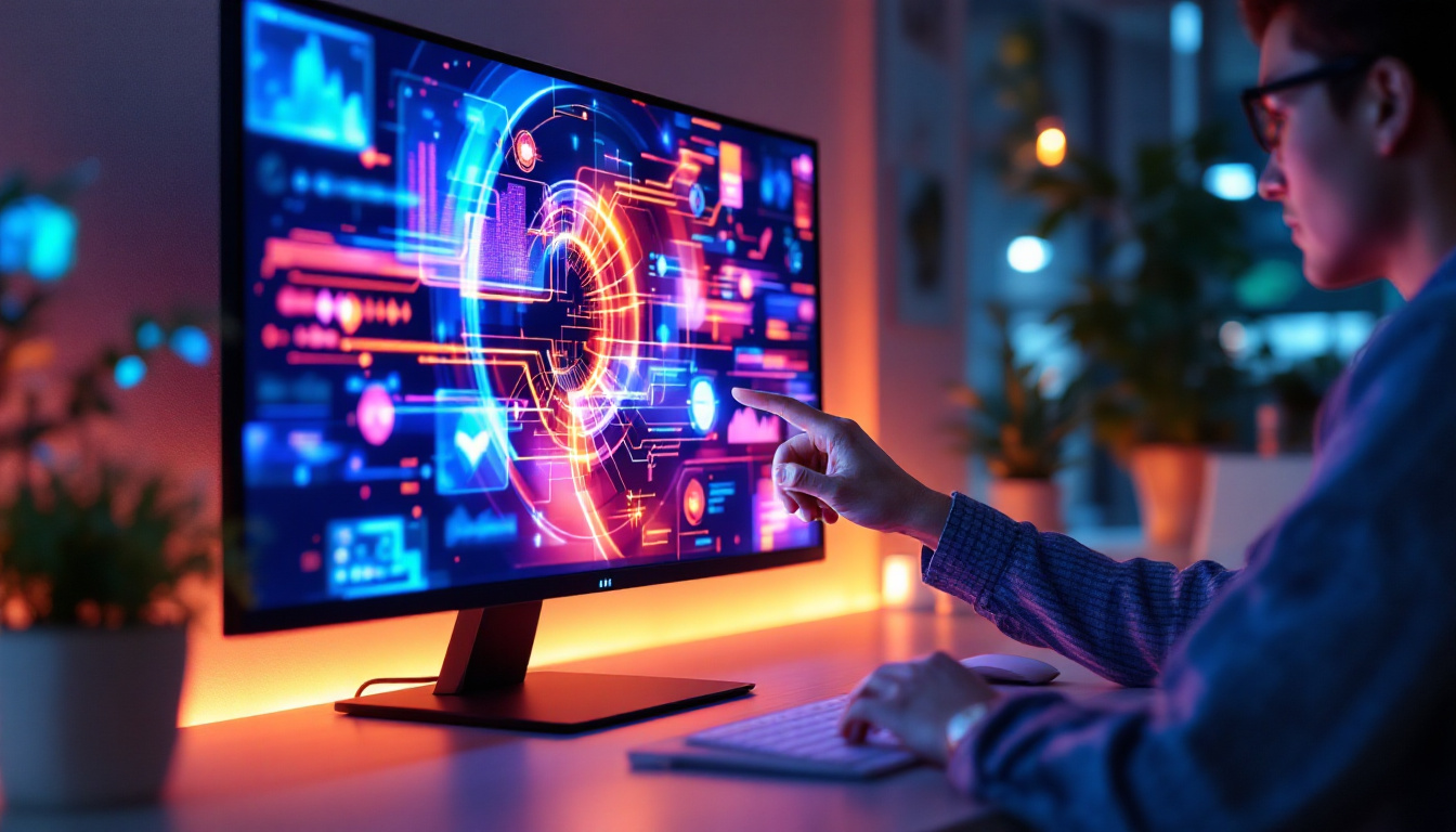 A photograph of a sleek and modern 32-inch touch screen monitor displaying vibrant led visuals