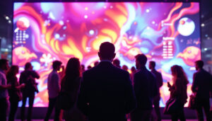 A photograph of capture a photograph of a vibrant trade show booth featuring a dynamic led display backdrop