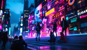 A photograph of a vibrant led display in a bustling urban setting