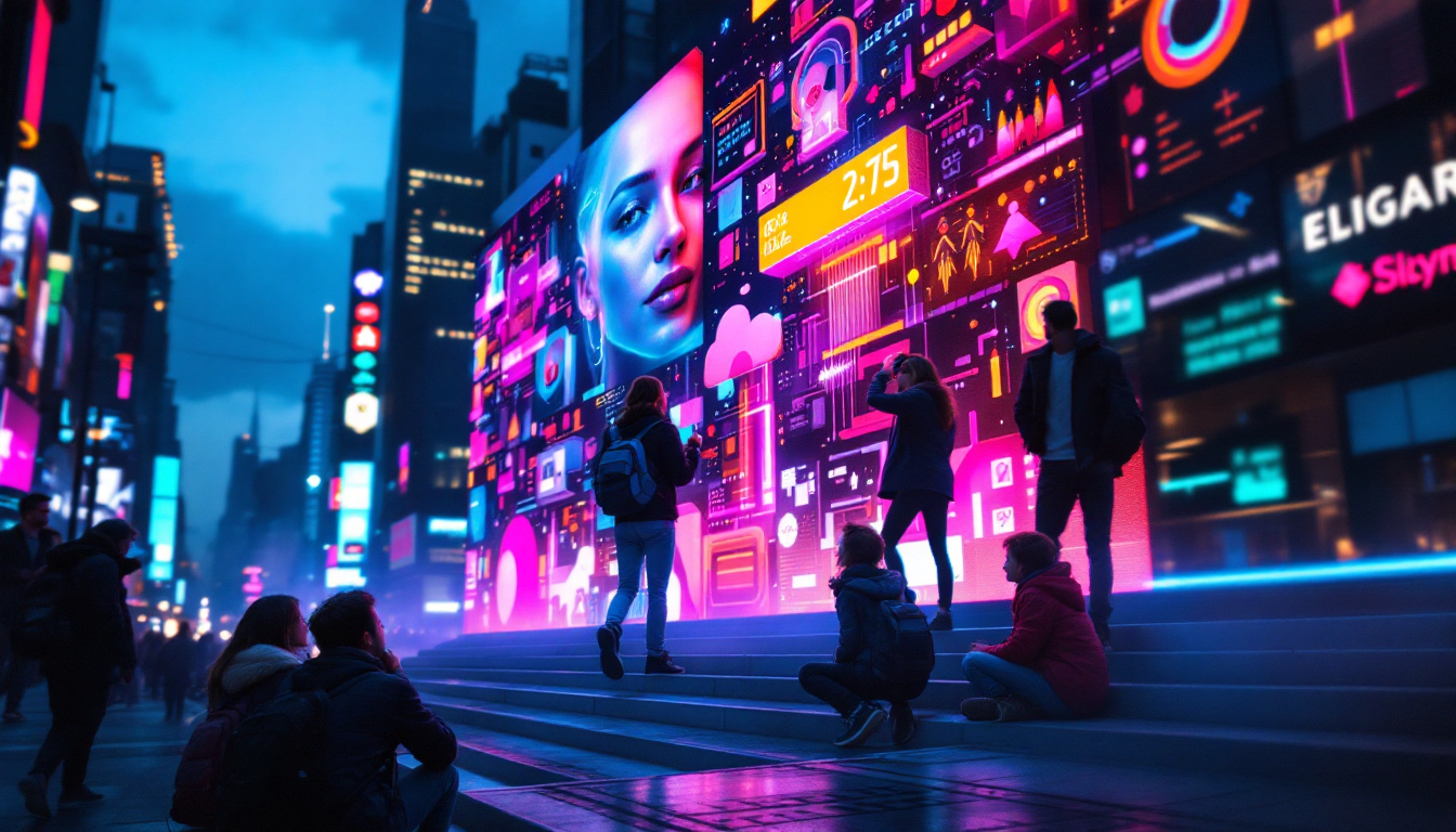 A photograph of a vibrant led display in a bustling urban setting