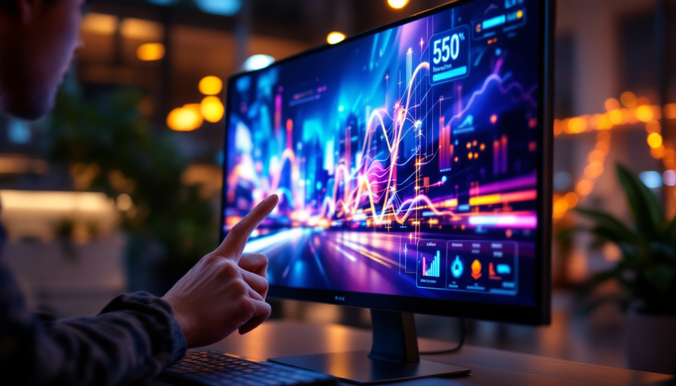 A photograph of a sleek touchscreen lcd monitor displaying vibrant graphics