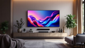 A photograph of a modern living room featuring a sleek led display as a focal point on the wall