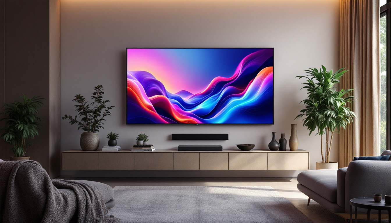 A photograph of a modern living room featuring a sleek led display as a focal point on the wall