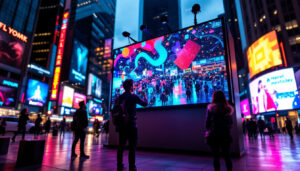 A photograph of capture a photograph of a vibrant led display in a dynamic urban setting