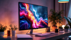 A photograph of a sleek 42-inch touch screen monitor in a modern workspace setting
