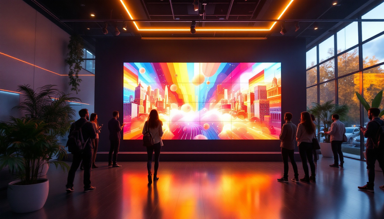 A photograph of a vibrant and immersive video wall setup in a modern environment