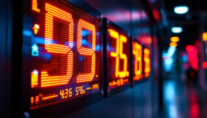 A photograph of an illuminated led electrical panel display in a modern setting
