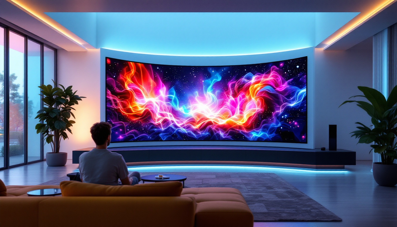 A photograph of a curved projection screen displaying vibrant led visuals in a modern