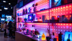 A photograph of a vibrant gridwall panel display featuring an array of led lights
