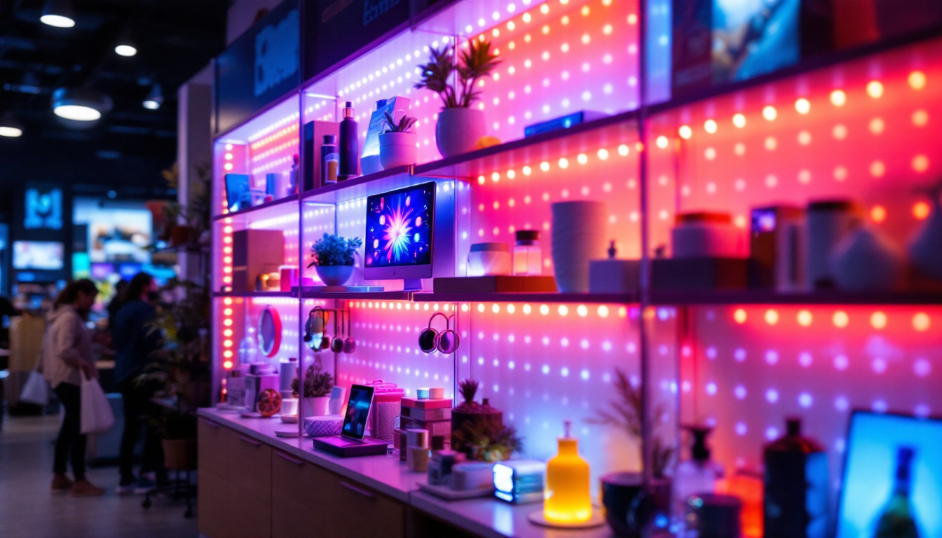 A photograph of a vibrant gridwall panel display featuring an array of led lights