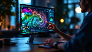 A photograph of a person interacting with a converted touchscreen monitor