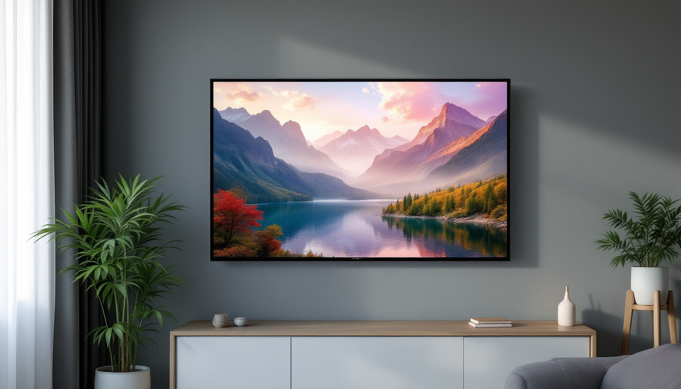 A photograph of a sleek digital wall frame displaying a vibrant