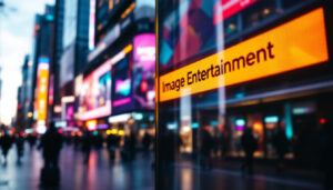 A photograph of capture a photograph of a vibrant led display showcasing the image entertainment logo in a dynamic urban setting