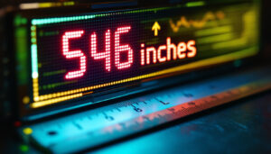 A photograph of a close-up shot of an led display screen showing a measurement conversion from 546 mm to inches