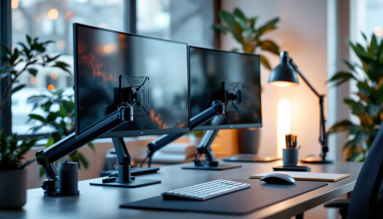 A photograph of a sleek dual computer monitor mounting arm in an ergonomic workspace