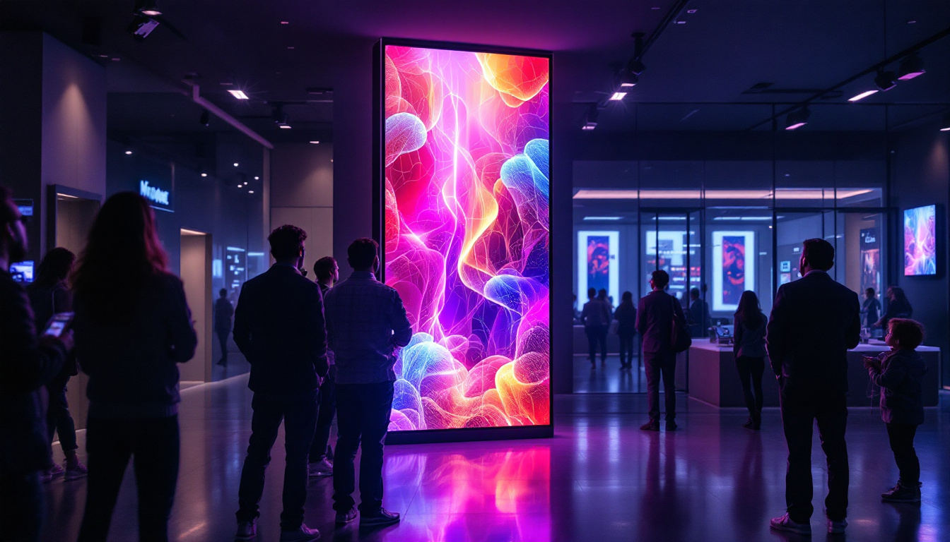 A photograph of a sleek vertical led display in a modern setting