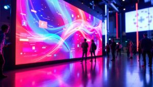 A photograph of capture a photograph of a vibrant led display screen in a dynamic setting
