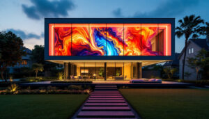 A photograph of capture a photograph of a modern rectangular house featuring an led display integrated into its facade