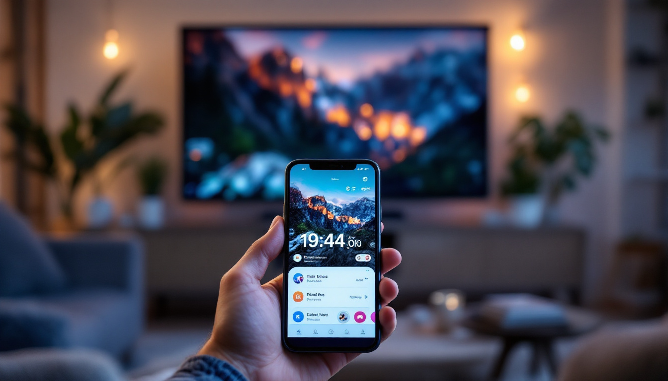 A photograph of capture a photograph of a smartphone displaying its screen content mirrored on a large led tv