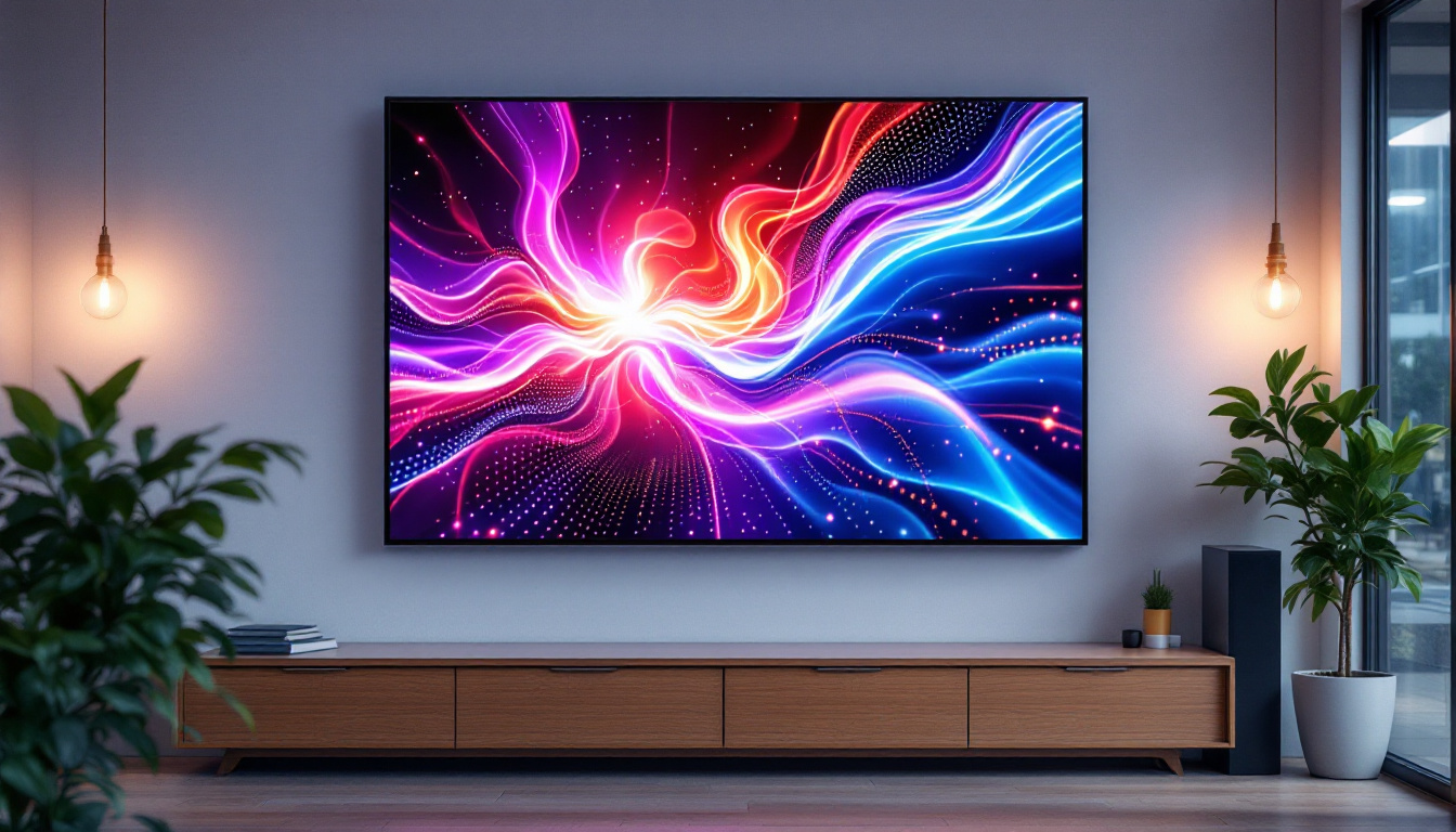 A photograph of a vibrant wall display monitor showcasing dynamic led visuals in a modern setting
