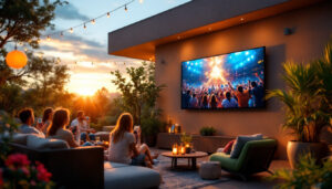 A photograph of a vibrant outdoor setting featuring a sleek