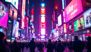 A photograph of capture a photograph of a bustling times square scene at night
