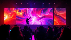 A photograph of a vibrant led display showcasing dynamic vertical video content