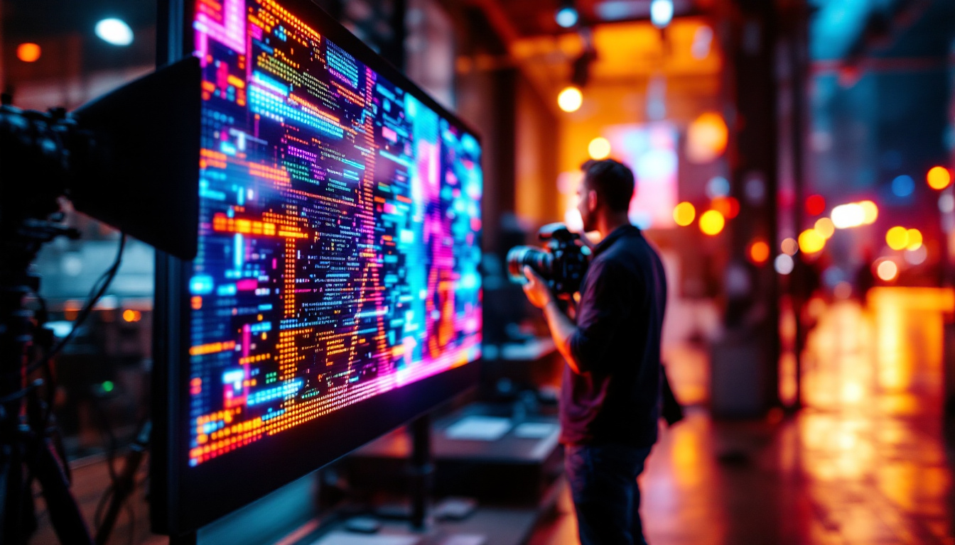 A photograph of a vibrant led display in a bustling production studio environment