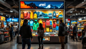 A photograph of a vibrant led display showcasing a variety of outdoor gear and apparel