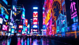 A photograph of a vibrant and dynamic digital signage display in a bustling urban environment