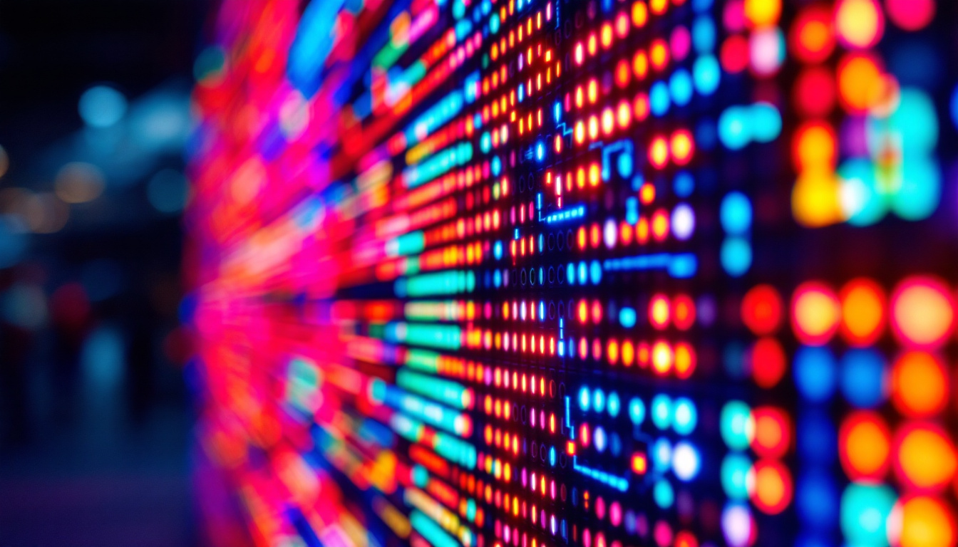 A photograph of a close-up shot of a vibrant led display in use