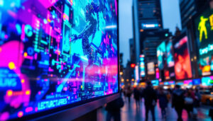 A photograph of a vibrant led advertising screen in a bustling urban environment