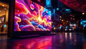 A photograph of a vibrant led screen board displaying dynamic visuals or graphics in a lively urban setting