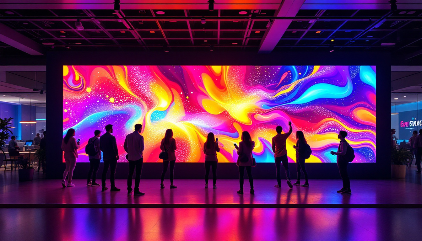A photograph of a vibrant led video wall in a modern setting