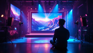 A photograph of a vibrant led virtual production stage in action