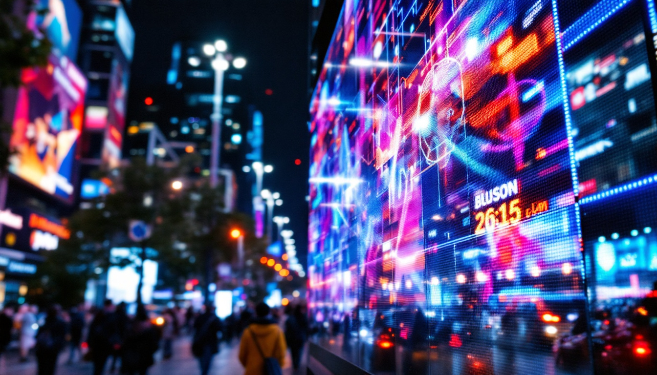 A photograph of a vibrant led display in a bustling urban environment