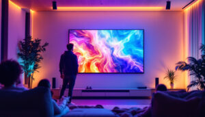 A photograph of a vibrant led projection screen displaying dynamic visuals in an engaging setting