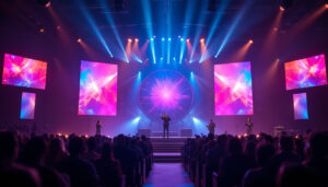 A photograph of a large led display in a church setting