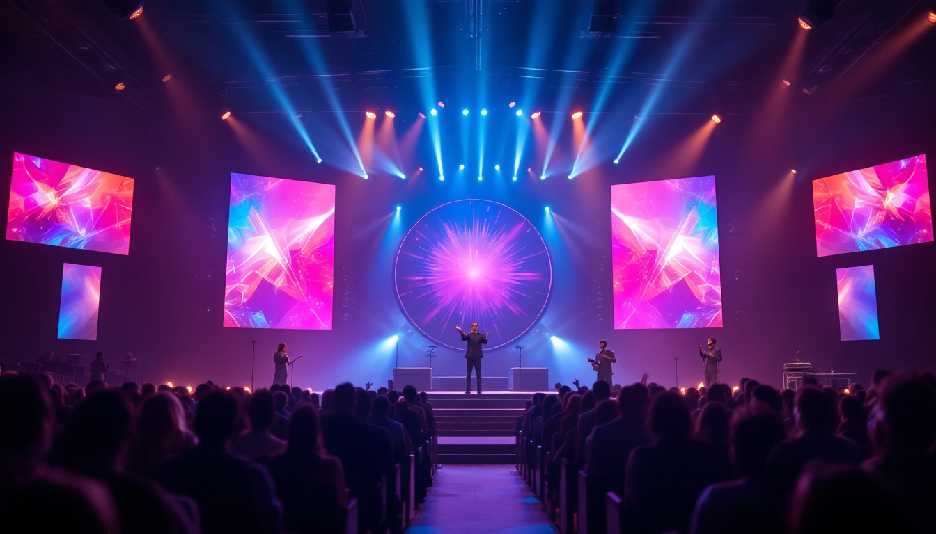 A photograph of a large led display in a church setting
