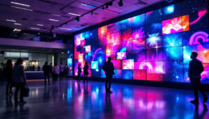 A photograph of a vibrant and dynamic video wall display in a modern setting