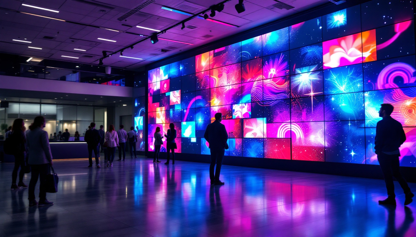 A photograph of a vibrant and dynamic video wall display in a modern setting