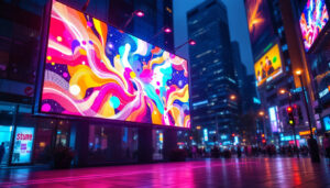 A photograph of a vibrant outdoor led screen displaying dynamic visuals in a lively urban setting