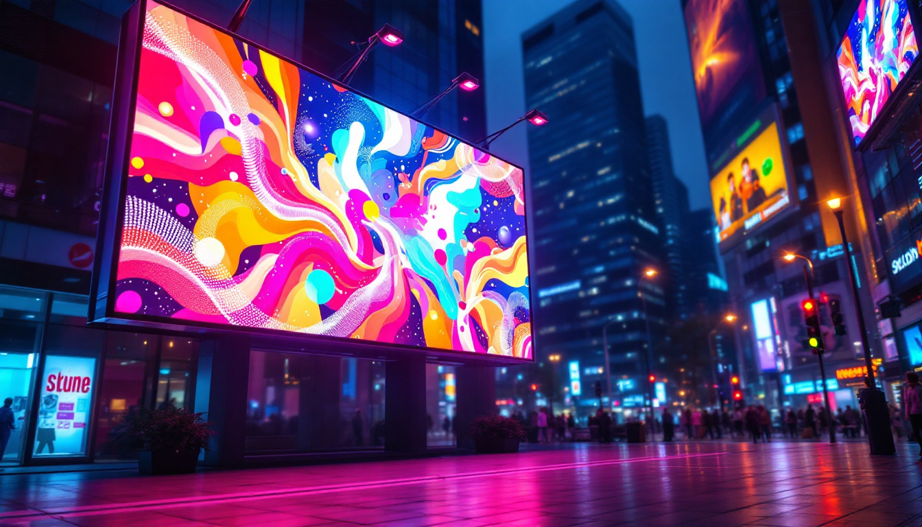 A photograph of a vibrant outdoor led screen displaying dynamic visuals in a lively urban setting