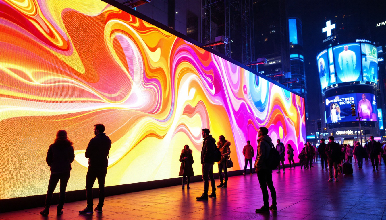 A photograph of a vibrant led display in a bustling urban environment at night
