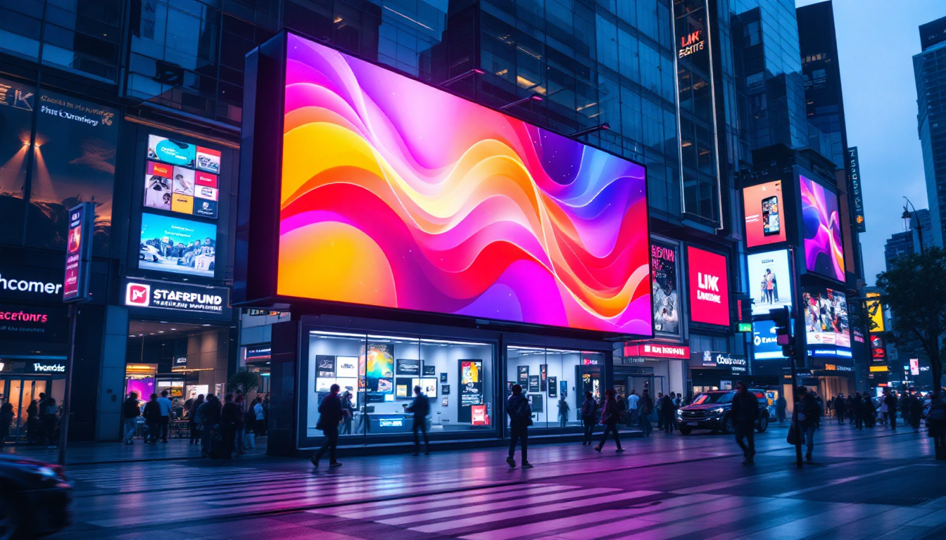 A photograph of a vibrant outdoor led advertising screen in a bustling urban setting