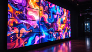 A photograph of a vibrant video wall featuring led panels displaying dynamic visuals in a modern setting